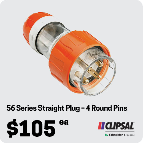 Clipsal 56 Series 56P420-EO Plugs and Extension Sockets - Straight Plugs - 4 Round Pins - IP66 - 500V - 20A - Orange